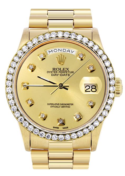 gold rolex president diamond bezel|rolex day date 40mm.